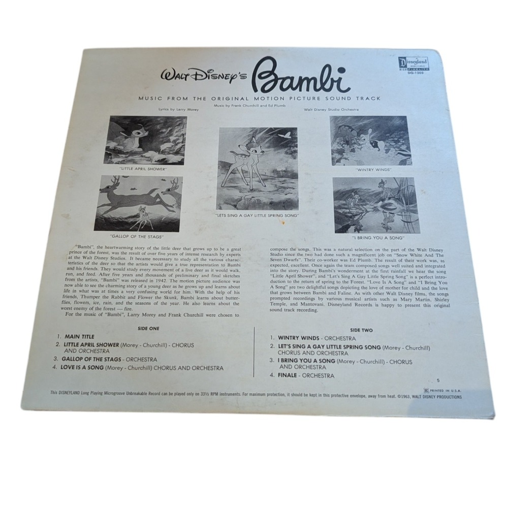Walt Disney Bambi Original Soundtrack Vinyl Record 1963 Disneyland DQ-1203 LP - Picture 2 of 5